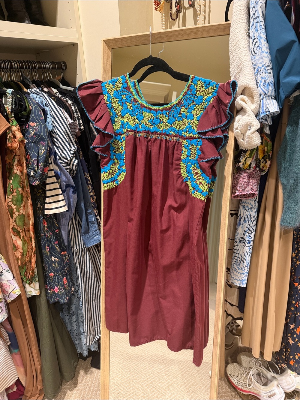 Margarita Mercantile Women’s Embroidered Burgundy Ruffle Dress